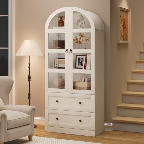 Garvee 72" Tall Dome Bookcase with Drawers, 4-Tier Wooden Bookshelf Storage Cabinet with Glass Door, Farmhouse Arched Cabinet with Display Shelves, Wo