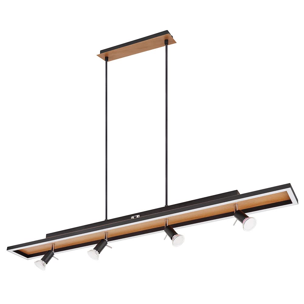 Hängelampe Esstisch Pendelleuchte schwarz Wohnzimmerlampe dimmbar, LED Hängeleuchte 4-flammig Holzoptik Spots schwenkbar, 4x GU10, LxBxH 116x12x120cm