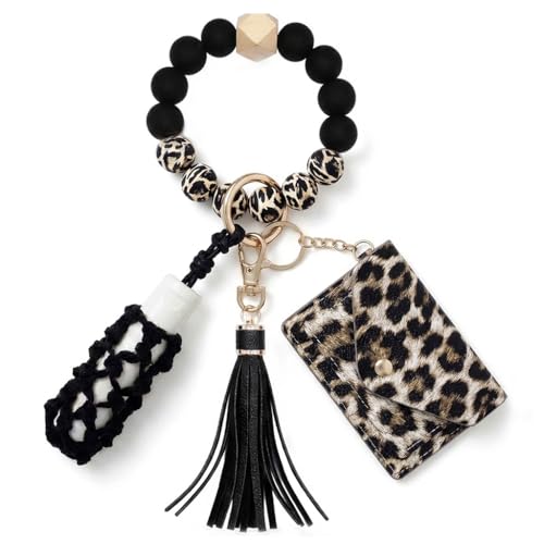 BIHRTC Silicone Beaded Bracelet Keychain Wristlet Wallet with Chapstick Holder Small Credit Card Holder Bracelet Key Chain Purse Bangle Tassel Beads Key Rings for Women Car Keyring