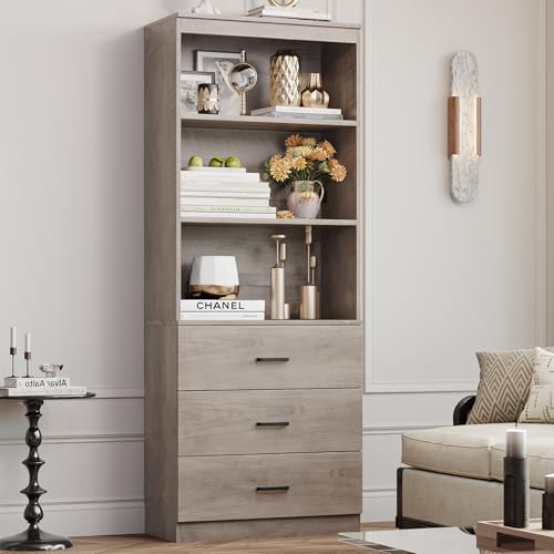 FOTOSOK 71”H Grey Bookshelf with Drawers, Bookshelf and Bookcase with