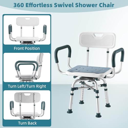 Swive Shower Chair with Arms and Back, 500 lbs Heavy Duty Shower Seat for Inside Shower Stall and Bathtub, Height Adjustable Safety Bath Seat for Elderly, Adults, Handicap and Disabled by Aidwaygo - Image 2