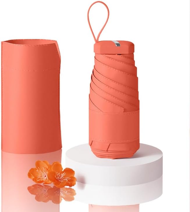 Small Mini Umbrella For Travel Compact UV Umbrella For Sun&Rain Windproof Lightweight Simple Color Flod Umbrella For Women Man Kids（Orange Pink）