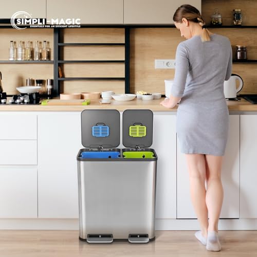 Simpli-Magic 18.5 Gallon (40L x 30L) Dual Compartment Step Trash Can – Kitchen Garbage Can with Waste & Recycling Bins – Slow-Close Lid, Odor Control, Hands-Free, Stainless Steel by SIMPLI-MAGIC - Used condition - Image 8