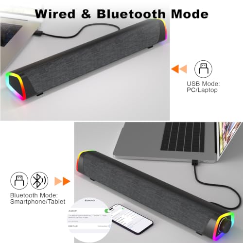 SOULION R30 Plus PC Lautsprecher, USB-betrieben Bluetooth Soundbar, Grau | LED-Lichter & Lautstärke...