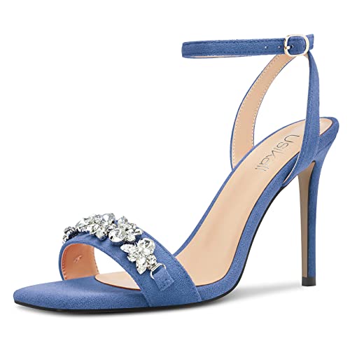 Usikall Womens Stiletto High Heel Peep Open Toe Sandals Ankle Strap Two-Piece Buckle Rhinestone Crystal Party Cute 3.9 Inches Heels Denim Blue 12 M US