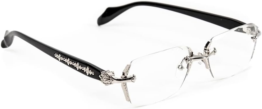 Street Knitted Retro Gothic Cross Style Vintage Designer Edge Cut Rimless Clear Lens Silver Frame Eyewear Unisex Square Frameless Men’s Women Clear Tint Rectangular Hip Hop Luxury Eye Glasses