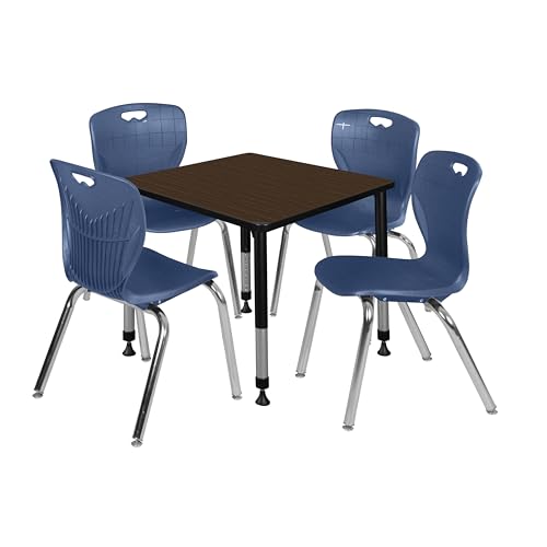 Regency Kee 30 in. Square Adjustable Classroom Table- Neo Walnut Top, Black Base & 4 Andy 18 in. Blue Stack Chairs