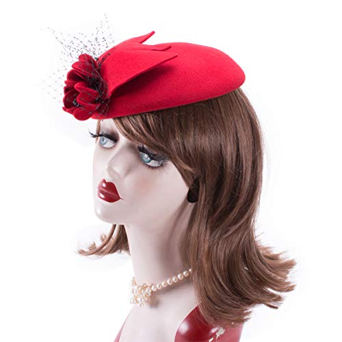 Womens Ladies Socialite Flower Black Pearl Wool Felt Fascinator Pillbox Tilt Hat A044 (Red)