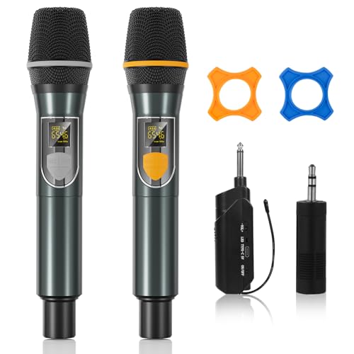 Wireless Microphones, Professional UHF Dual Microphones for Karaoke, Wireless Dynamic Microphone System Set with Rechargeable Receiver,Plug and Play, Speech, Wedding, Church, PA System