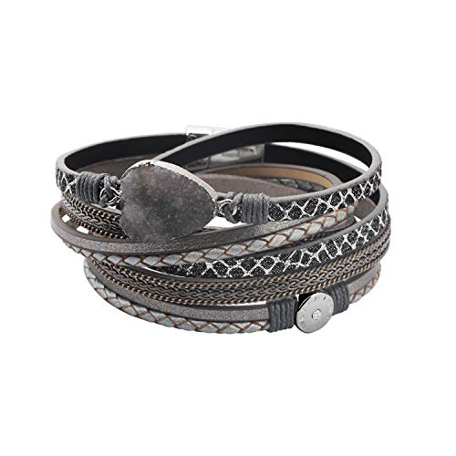 Bobauna Multi-Layer Leather Wrap Bracelet Natural Stone Druzy Multi Rope Cuff Bangle With Magnetic Clasp Handmade Jewelry For Women Girl (Leather Wrap Bracelet Gray) #TOP10