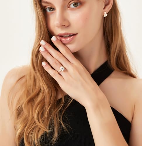 TIGRADE 3CT Engagement Ring for Women Emerald Cut Cubic Zirconia Promise Ring 14K Gold Plated CZ Eternity Wedding Band Size 3-114