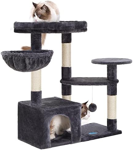 Hey-brother Cat Tree with Sisal Scratching Posts, Multi-Level Cat Tower, Cat climbing frame with large platform, basket, Smoky Grey MPJ001SG