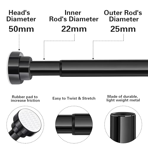 Stainless Steel Extendable Shower Curtain Rod Tension Pole (72cm-132cm) Black, including 2 Holders,Net Voile Curtains Rail,Adjustable Telescopic Rods Extendable for Kitchen Cupboard Bathroom Window - Image 5