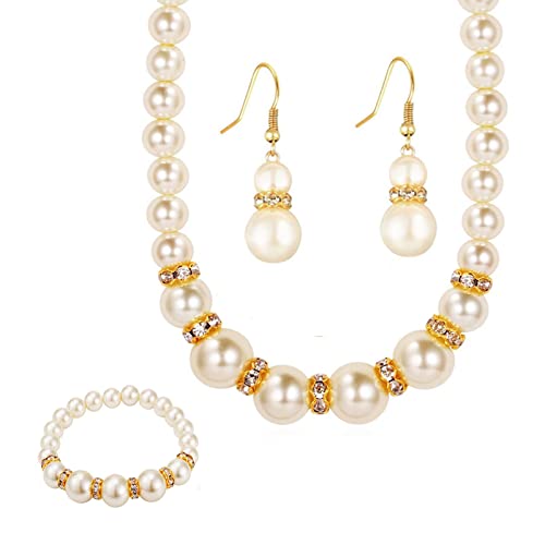 Lilingyu Collier de Perle Ensemble de Bijoux pour Femme et Fille Perle Collier Bracelet et Boucles d'oreilles Ensemble Élégant Mariée Mariage Parures de Bijoux (Or) Cover