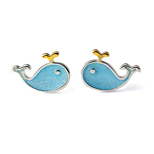 HANFLY 925 Sterling Silver Tiny Blue Whale Earrings Animal Earrings