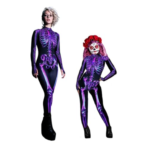 TMOYJPX Disfraz Halloween Niña Mujer Esqueleto Gracioso Terror Realista Digital 3D Disfraces Mono Mujer Fiesta para Chica 4-11 años Cosplay Anime (8-9 años, Violeta)
