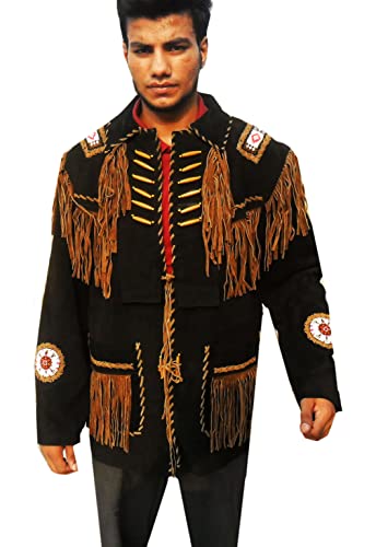 Seasonal Men's Western Suede Leather Jacket With Fringe And Beaded Native American Jacket Black #TOP26
