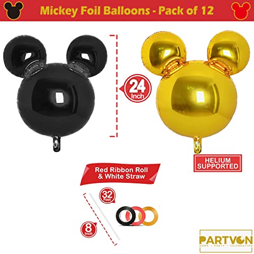 12 Pieces Mickey Party Balloons, 24” Red Black Gold Mouse Foil Balloons For Gender Reveal Baby Shower Wedding Kids Theme Birthday Party Decoration Supplies #TOP1