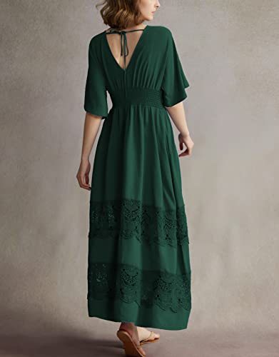 Image of Olaesa Boho Maxi Dress V Neck Short Sleeve Lace Smocked Waist Flowy Dress | Wedding Guest Dress with Pockets, Summer Bohemian Vacation Dress, Elegant Party Dress for Family photo& Baby Shower