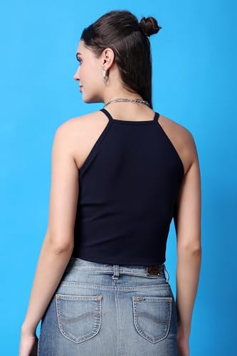 Image of POPWINGS Casual Solid Sleeveless Halter Neck Crop Top for Women || Summer Stylish Western Women Crop Tops