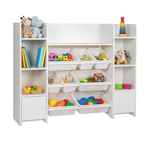 Relaxdays Kinderregal groß, 8 Boxen, 14 Fächer, HxBxT: 94x139x30 cm, Kinder Spielzeugregal, Stauraum & Ordnung, weiß
