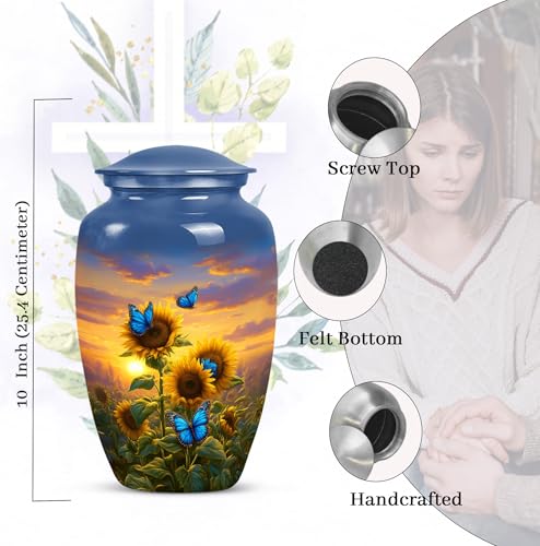 Image of Sunflower with Butterfly Urn for Human Ashes Adult Male and Female - Funeral Urns for Human Ashes Adult - Sunset Yellow Sunflower Urn for Mom and Dad - Cremation Urns for Men 10inch