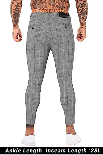 Gingtto Mens Chinos Pants Slim Fit Stretch Tapered Dress Pants Men Grey Plaid 36 #TOP2