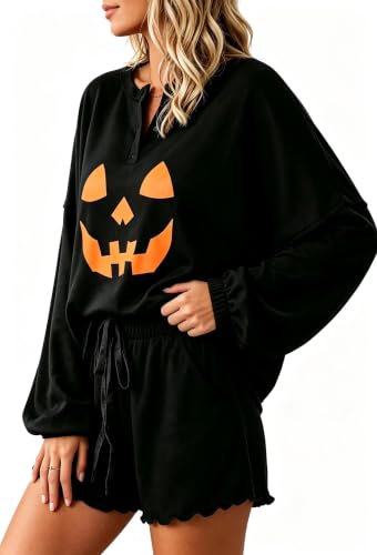 Image of Roshop Halloween Pajama Women's Pumpkin Top & Shorts Loungewear Set