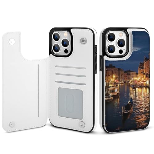 HKMNLEW Venice Night Print Flip Phone Wallet Case iPhone 14 Pro Max�p PU���U�[���C�ϏՌ��d�b�P�[�X�J�o�[ �J�[�h�z���_�[�t��