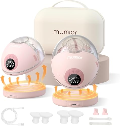 Image of Heated Base Hands Free Breast Pump, Wearable Breastfeeding Pump of Baby Heated Dustproof Base, Voice Prompts LED Display with 4 Modes &12 Levels Memory Function-24 mm, Christmas Gift,2 Pack Pink