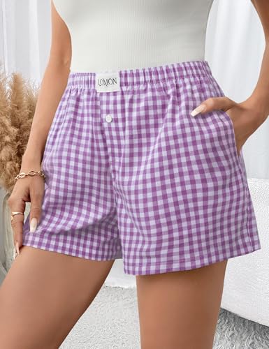 Image of LOMON Boxer Shorts for Women Summer Gingham Pajamas 2026 Lounge Sleep Pj Plaid Shorts Y2K Beach Bottoms with Pockets