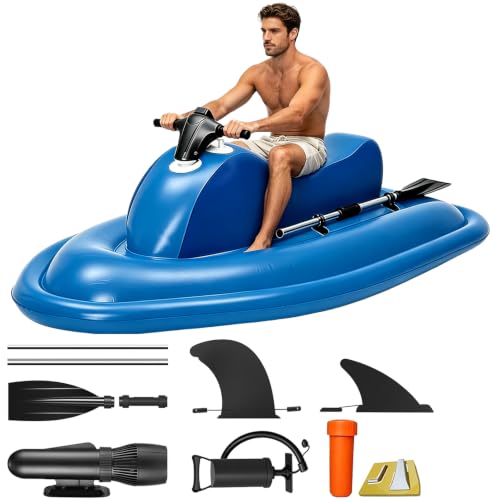 HNBYLMM 700W Electric Inflatable Jet Ski with Motor, 3-9 KM/H Inflatable Boat with Dual-Fin Design, Forward/Reverse, 60-180 Min Battery Life