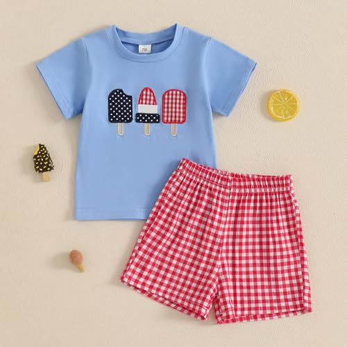 Image of 4th Of July Toddler Boy Outfit Popsicle American Flag T-Shirt and Gingham Plaid Shorts Set Independence Day Clothes
