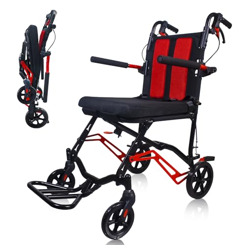 18LBS UIltra Lightweight Wheelchairs with Foldable Footrest and Armrests Transport Wheelchair Lightweight Foldable with Handbrakes Travel Transport Chair for Adults Seniors Kid 1s Quick Folding