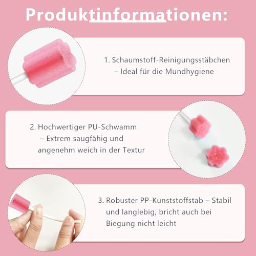 250 Stück Mundpflegestäbchen, Einweg Mundpflege Schwamm Tupfer, Mundpflege Mundhygieneschwamm, Geschmack Brombeere, Sterile Tupfer für die Mundhygiene in Zahnarztpraxen (Rosa)