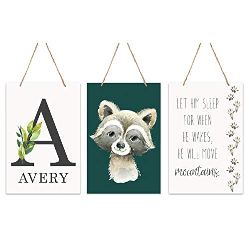 LifeSong Milestones Let Him Sleep Personalized 3 Piece Monogram Nursery Wall Hanging Sign Set for Girls and Boys Gift Set Collection for Baby, Kids, Bedroom Decor 8 x 12 Made in USA (Raccoon)