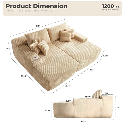 Image of HOOOWOOO Chaise Lounging Sleeping Couch, 81x67 Assembly Free Modern Minimalist Sofa, Extra Deep Large Sofa Set, Free Standing Floor Couch in A Box for Living Room (Beige Velvet Upholstered)