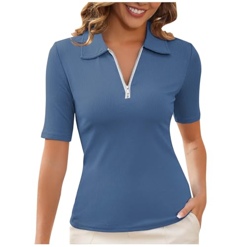 Dyhxuan Polo de manga corta para mujer, monocolor, camiseta de tenis, acanalado, con cremallera, cuello de pico, parte superior de negocios, trabajo, elegante, túnica, ligera, manga corta, solapa