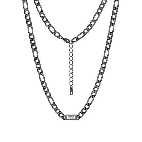 Custom4U Personalized Stainless Steel Figaro Chain for Men Women, 5mm/7mm Width Engraving 1-5 Names Figaro Chain Necklace, Steel/14K Gold Plated/Black Fathers Day Gift Hip Hop Jewelry+Send G