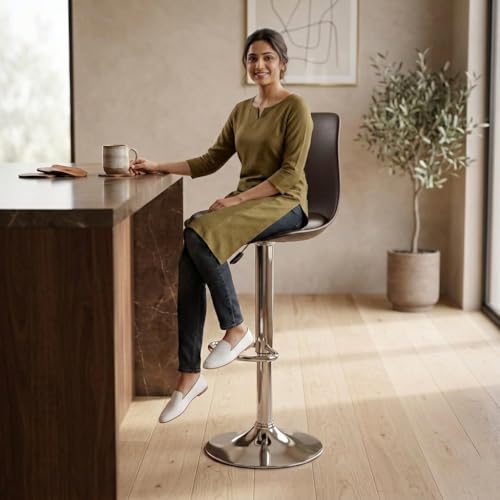 Image of activa Rapid Bar Stool Chair with Height Adjustable Design, Padded Seat & Footrest | Modern Metal Counter Stool for Kitchen, Home, Bar & Cafe Seating | Durable Comfort Chair (Brown, Set 2)