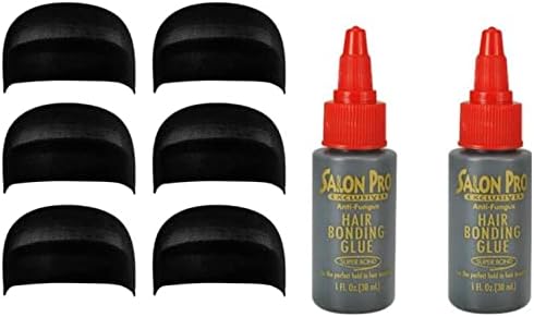 Salon Pro Exclusives Bonding Hair Glue 2 Pack-1 oz Each (Including IGS 6 Pack Black Wig Caps) Hair Extension Styling Wig Making Bonding Adhesive Glue Kit