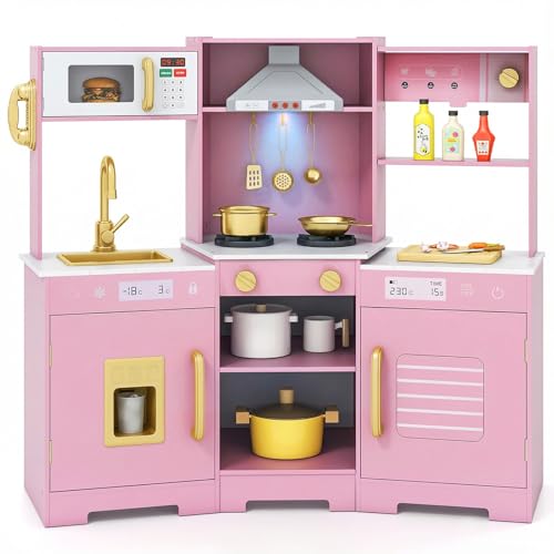 HONEY JOY Corner Kids Kitchen Playset, Wooden Toy Kitchen Set w/Lights & Sounds, Range Hood, Ice Maker & Coffee Maker, Microwave, Sink, Faucet, Little Chef Pretend Play Kitchen for Toddlers, Pink - Image 2