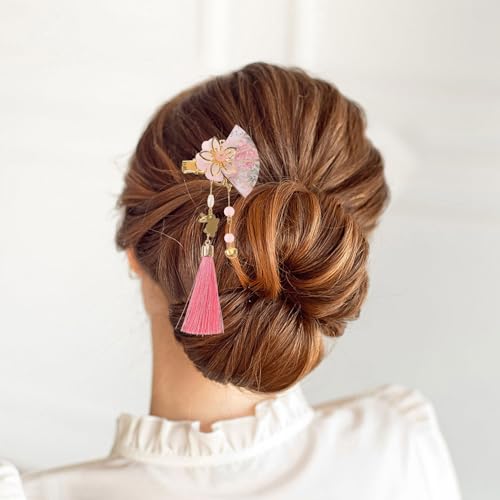 Pinzas pelo estilo japonés de aleación con madera artesanal y flores 6
