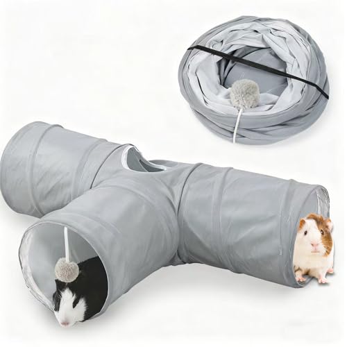 JanYoo Bunny Kaninchen Tunnel 3-Wege Meerschweinchen-Tunnel Hasen Spieltunnel Faltbarer Kleintier Aktivität Tunnel für Kaninchenversteck KleintierAktivitätsrohr Spielzeug(Reines Grau)