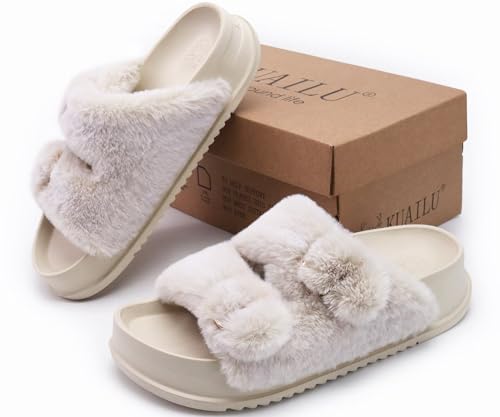 Image of KuaiLu Women's Fluff Slippers Plantar Fasciitis Arch Support Platform Slippers Ladies Fashion Open Toe Faux Fur Sliders Womens House Slipper Size 6-12