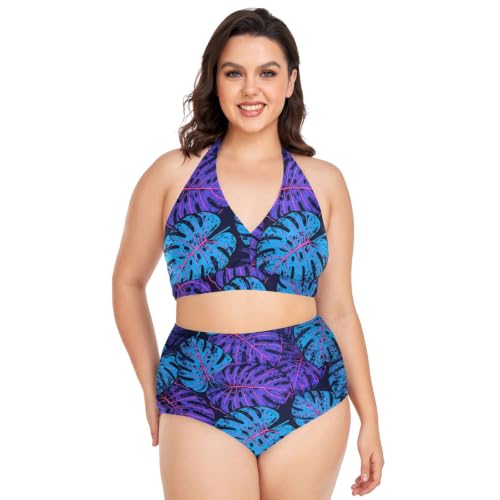 Maillot de bain deux pièces réglable Tropicaleaves en tissu gainant haut de gamme violet bleu