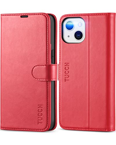 TUCCH - Funda para iPhone 13 5G, antigolpes TPU Funda iPhone 13 de Piel sintética con Cierre RFID [Kick] [Ranuras para Tarjetas] Carcasa para iPhone 13 (6,1 Pulgadas), Color Rojo