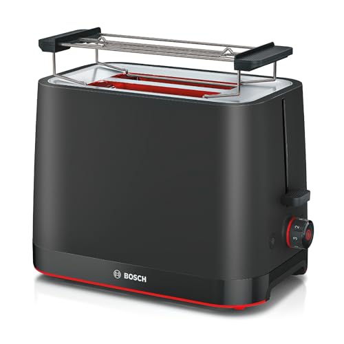 Bosch Kompakt Toaster MyMoment TAT3M123, entnehmbarer klappbarer Brötchenaufsatz, mit Auftaufunktion, Abschaltautomatik, Liftfunktion, Brotzentrierung, ideal für 2 Scheiben, 800 Watt, Schwarz matt