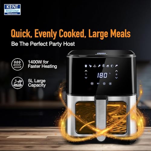 Image of KENT Digital Air Fryer 5L | 1400W | Bake, Grill & Roast | Up to 80% Less Oil Usage | 8 Preset Menu | Rapid Heat Circulation | Digital Display & Touch Control Panel | Glass Window with in built Light