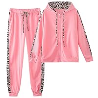 amropi Traingsanzug Damen Jogginganzug Leopard Kapuzenpullover Lange Ärmel Top + Hose Sportanzug 2 Stück (Rosa,XXL)